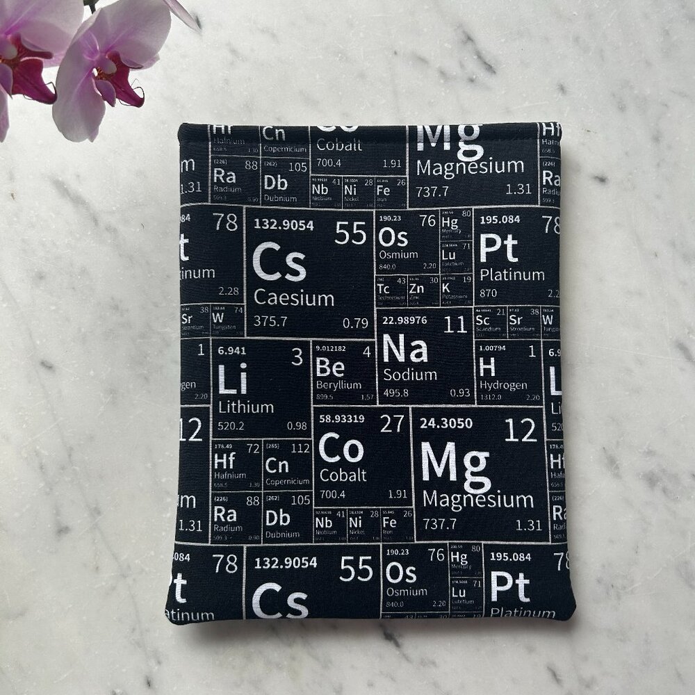 Handmade Book Sleeve – Black with white Periodic Table Pattern